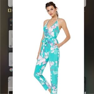 Yumi Kim Silk Halter Teal Floral Jumpsuit XS NWT